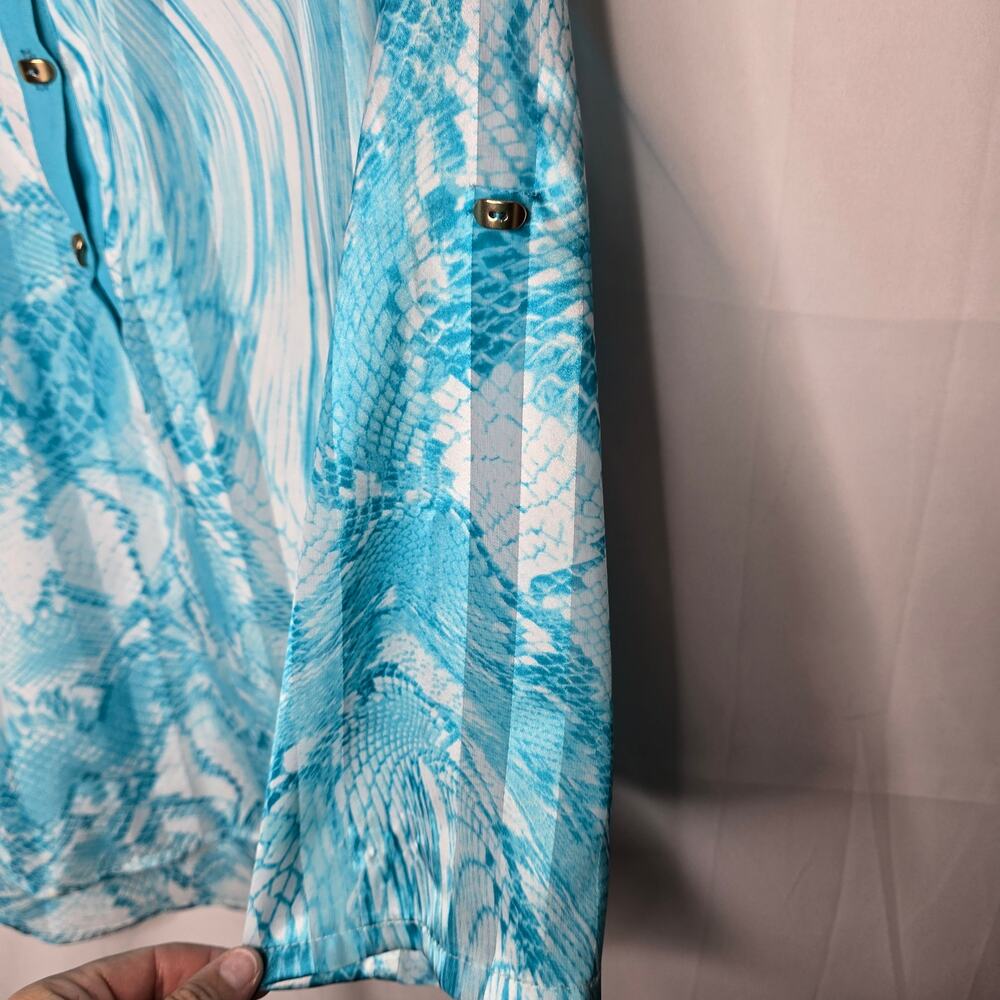 Alberto Makali Blue White Abstract Print Semi-Sheer Button-down Blouse Sz Small - Picture 7 of 9